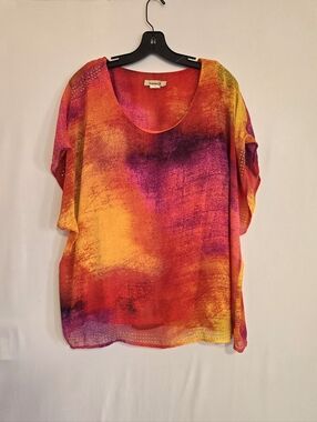 One World Colorful Sheer Overlay Blouse Women's Size 2X Orange Purple Studded